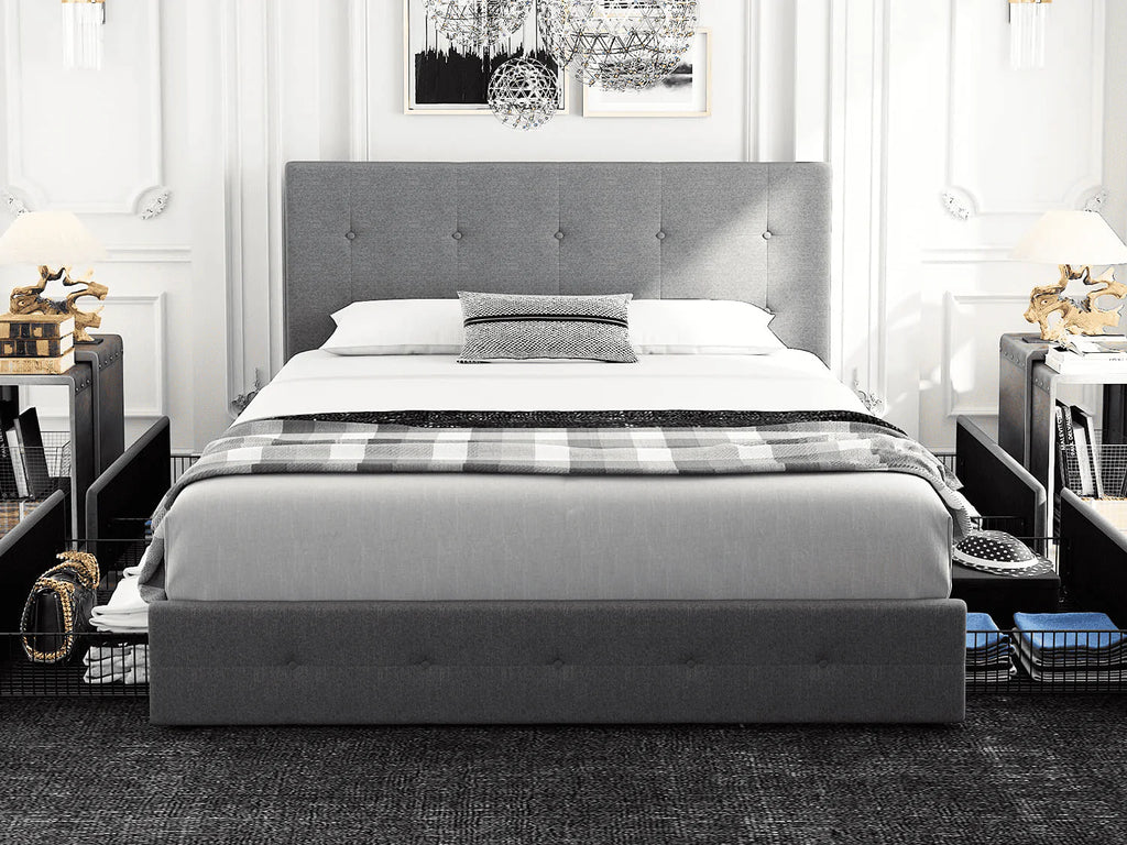 Queen Size Storage Bed Frame with 4 Drawers, Tufted Adjustable Headboard, Dark Grey E966129