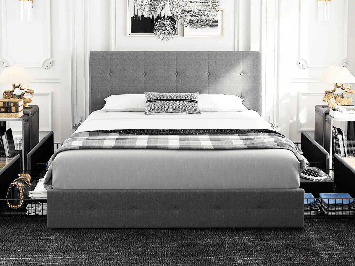 Queen Size Storage Bed Frame with 4 Drawers, Tufted Adjustable Headboard, Dark Grey E966129
