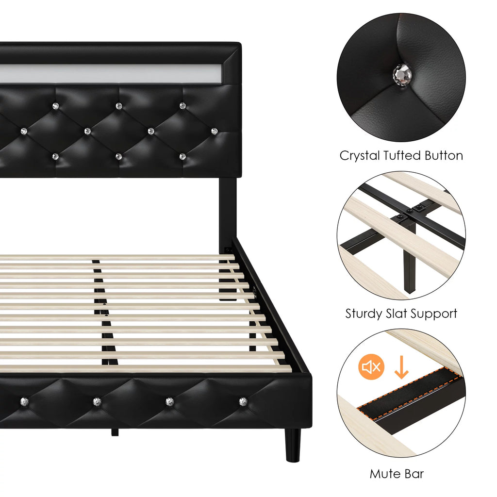 Queen Size LED Upholstered Platform Bed Frame with Adjustable Headboard E98544