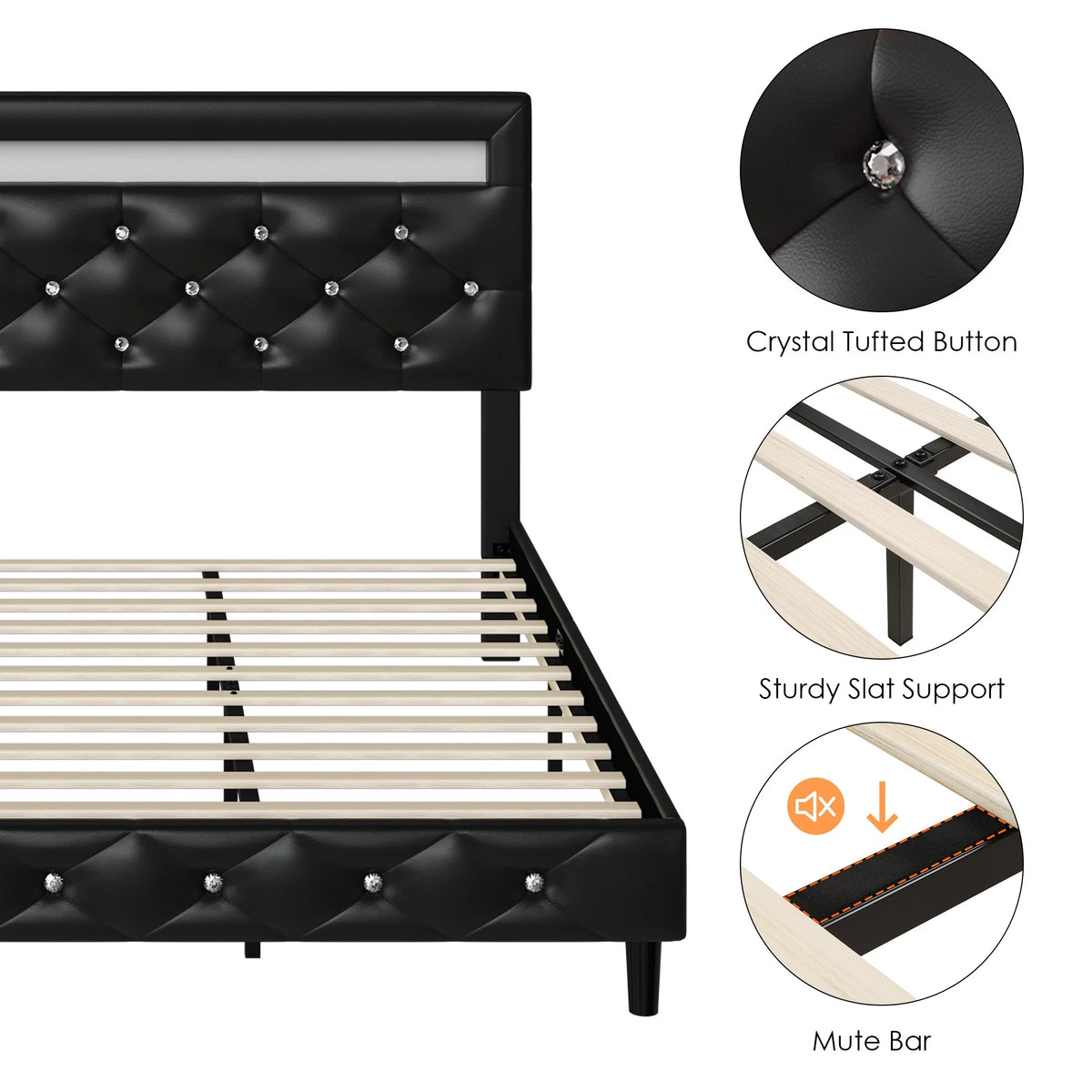 Queen Size LED Upholstered Platform Bed Frame with Adjustable Headboard E98544