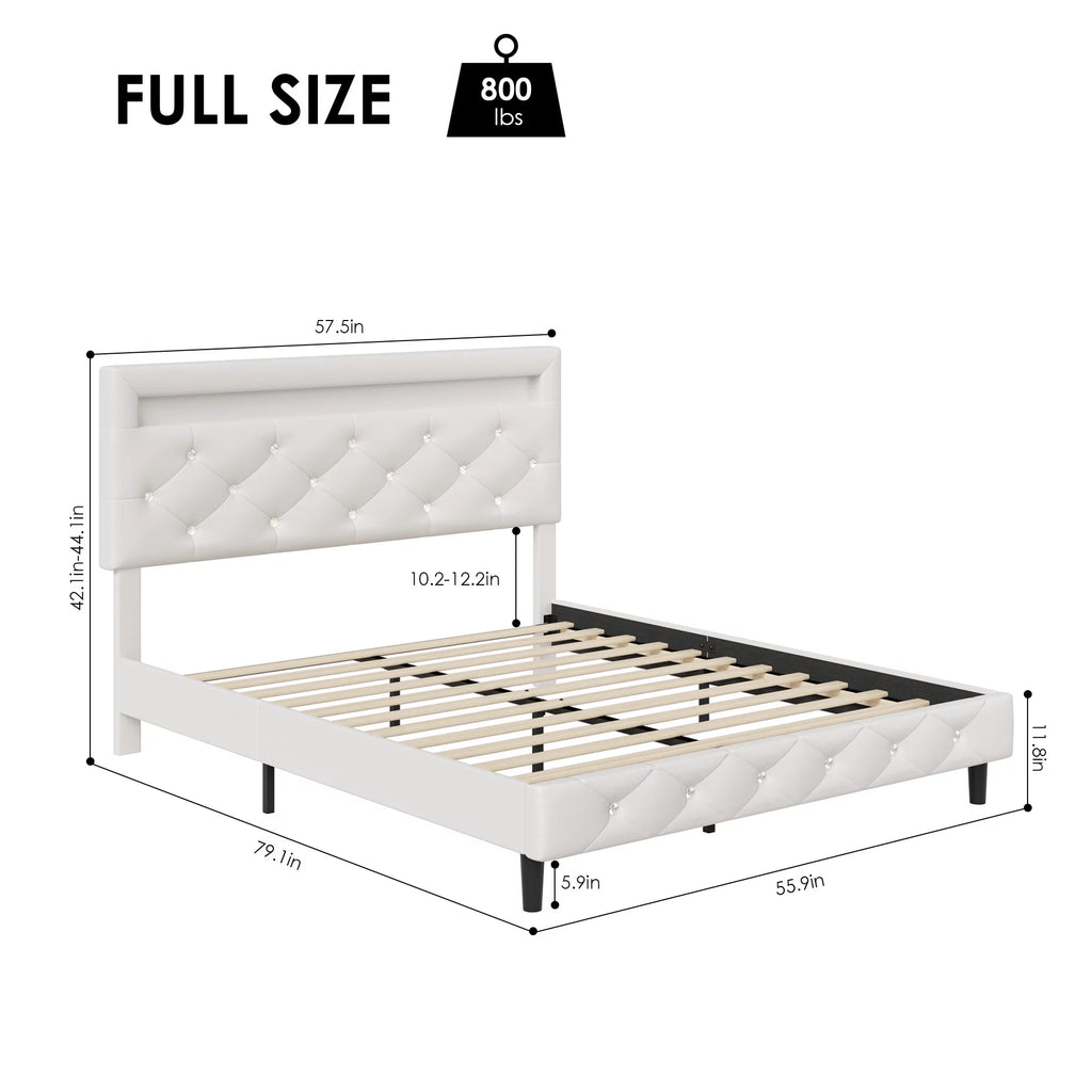 Queen Size LED Upholstered Platform Bed Frame with Adjustable Headboard E98544