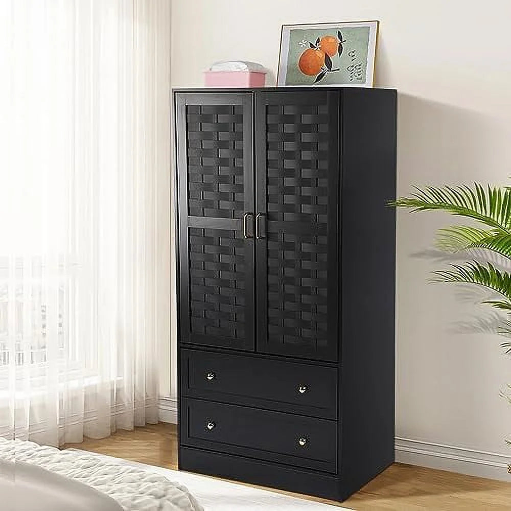 Black 2 Door 2 Drawer Wooden Armoire Wardrobe Closet with Hanging Rail X530447