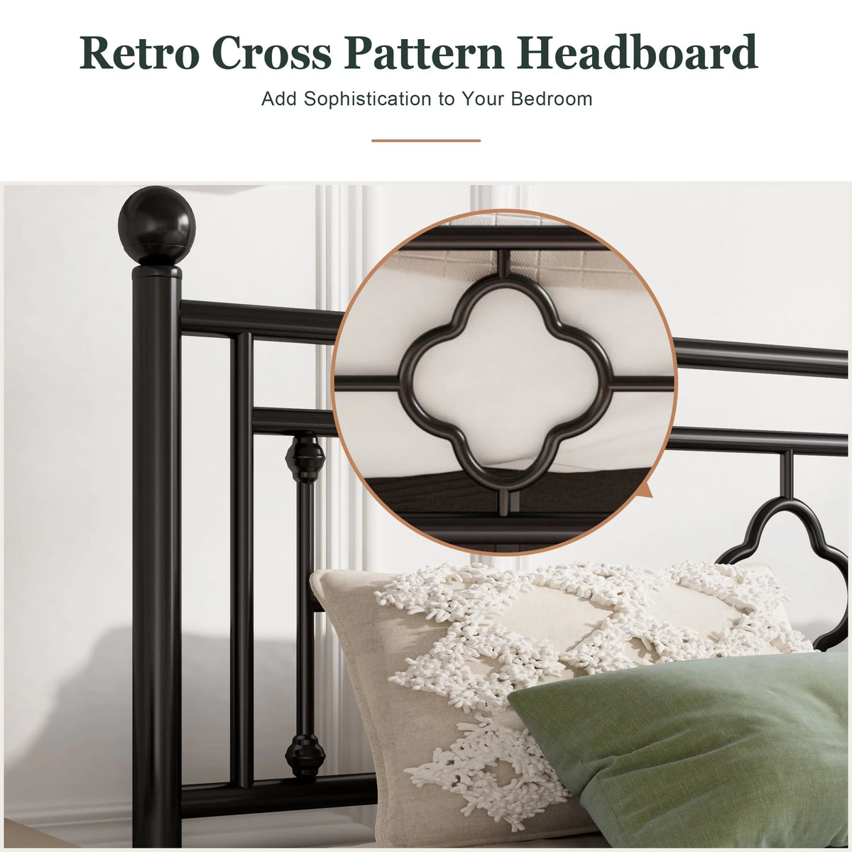 King Size Black Metal Platform Bed Frame with Cross Pattern Headboard Footboard M469921