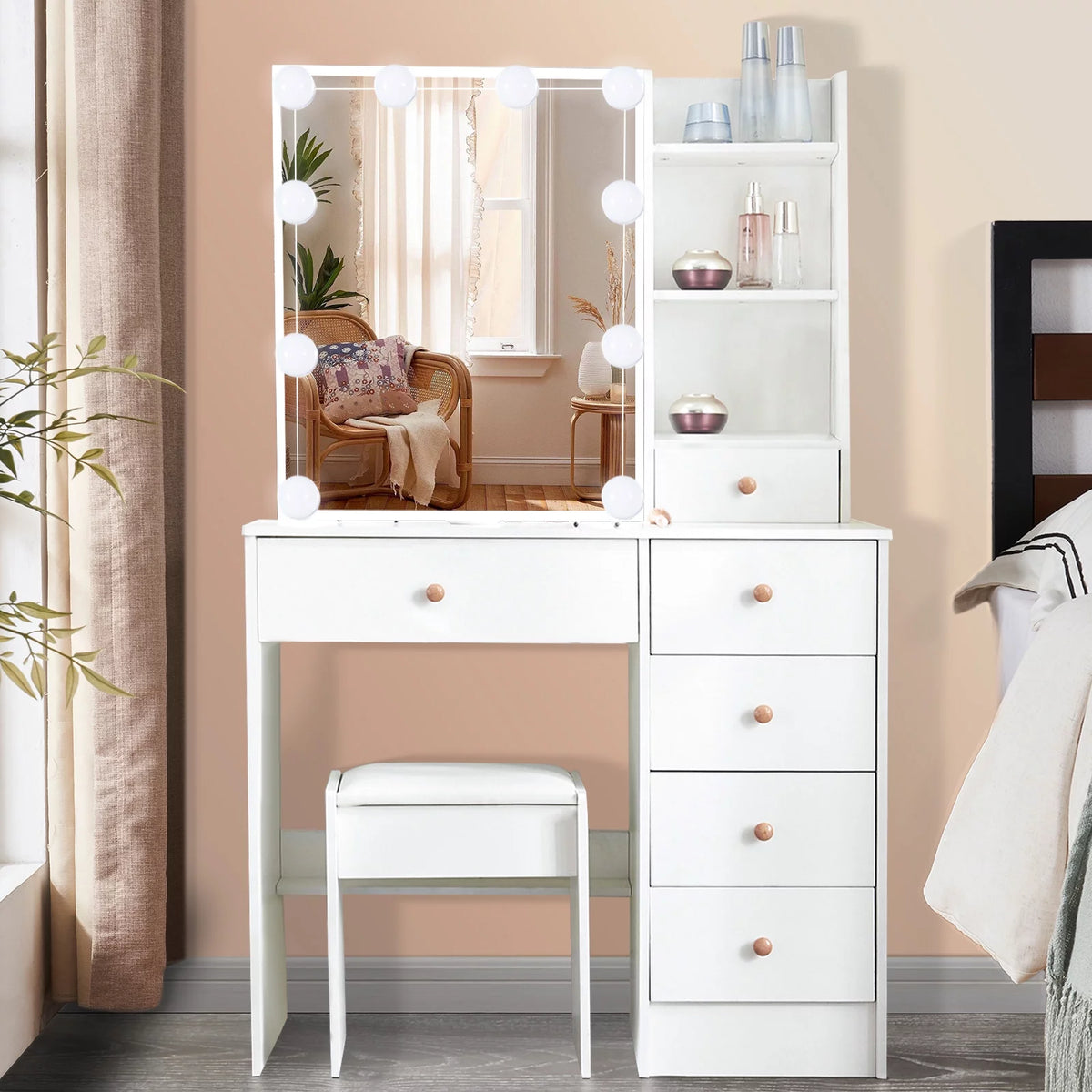 White Makeup Vanity with Sliding Mirror and Stool C6349