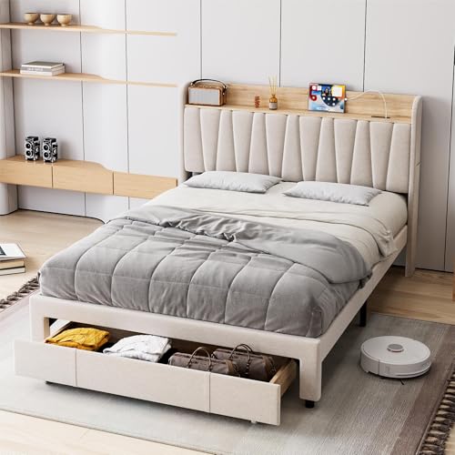 Beige Queen Size Upholstered Platform Bed Frame with Storage Headboard and Drawers X966645