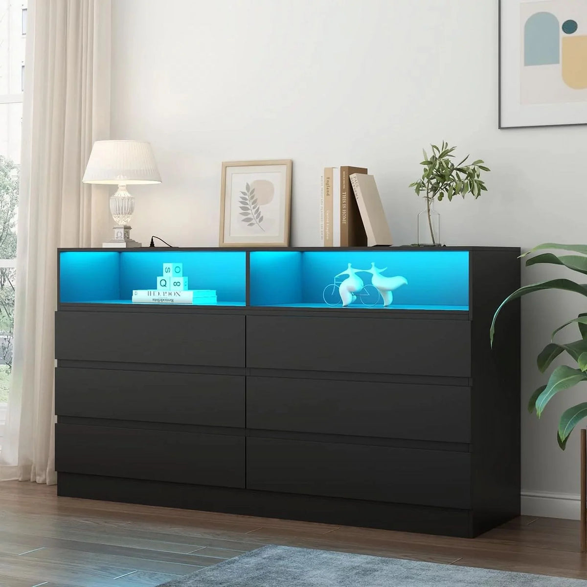 6 Drawer Double Dresser with Power Outlet and LED Light, White E559089