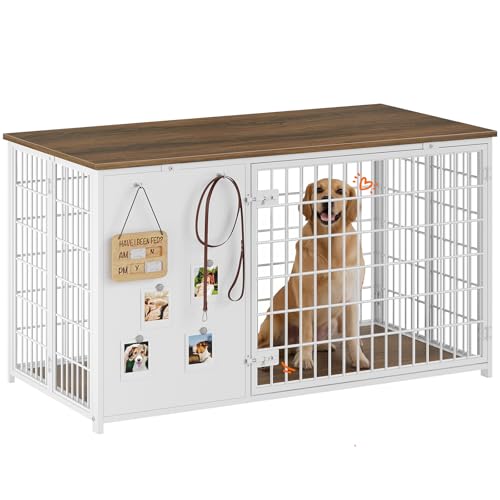 Foldable White and Walnut Wooden Dog Crate Furniture G90331