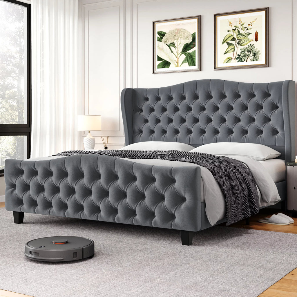 Queen Size Beige Velvet Tufted Upholstered Platform Bed Frame with Wingback Headboard F6518