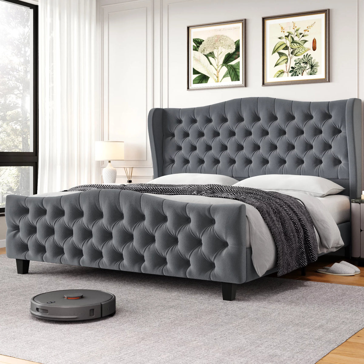 Queen Size Beige Velvet Tufted Upholstered Platform Bed Frame with Wingback Headboard F6518