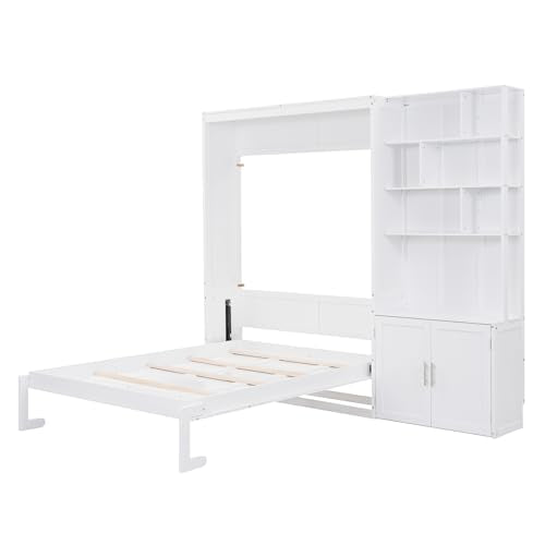White Full Size Wood Murphy Bed with Storage Shelves and Cabinet W498594