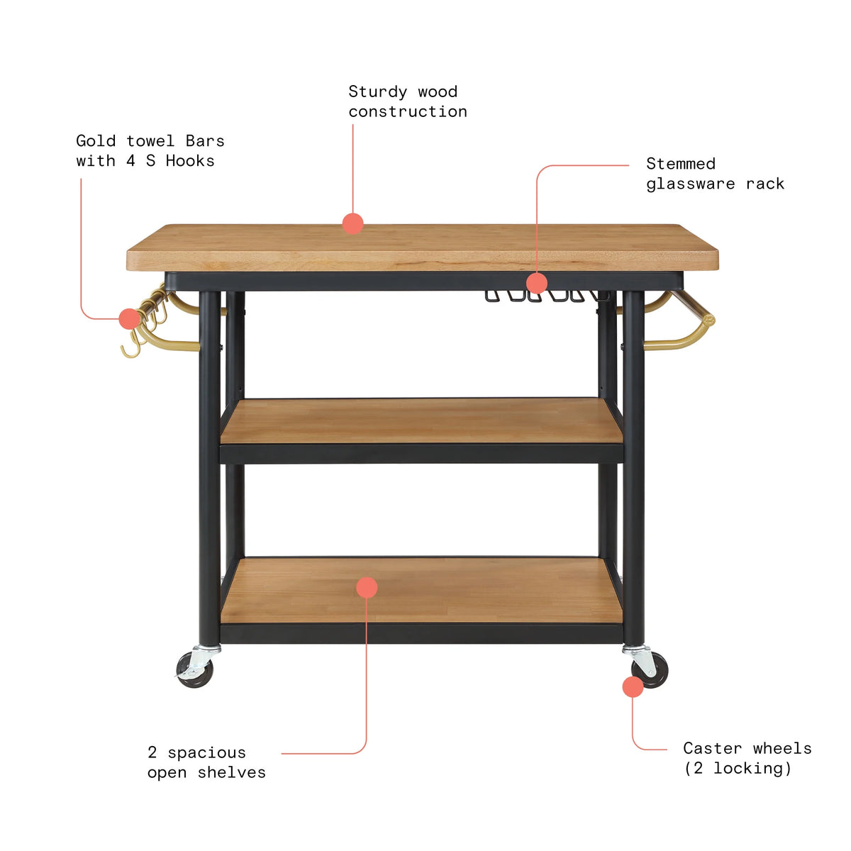 Wheeled Kitchen Cart with 2 Lower Shelves Black M26854