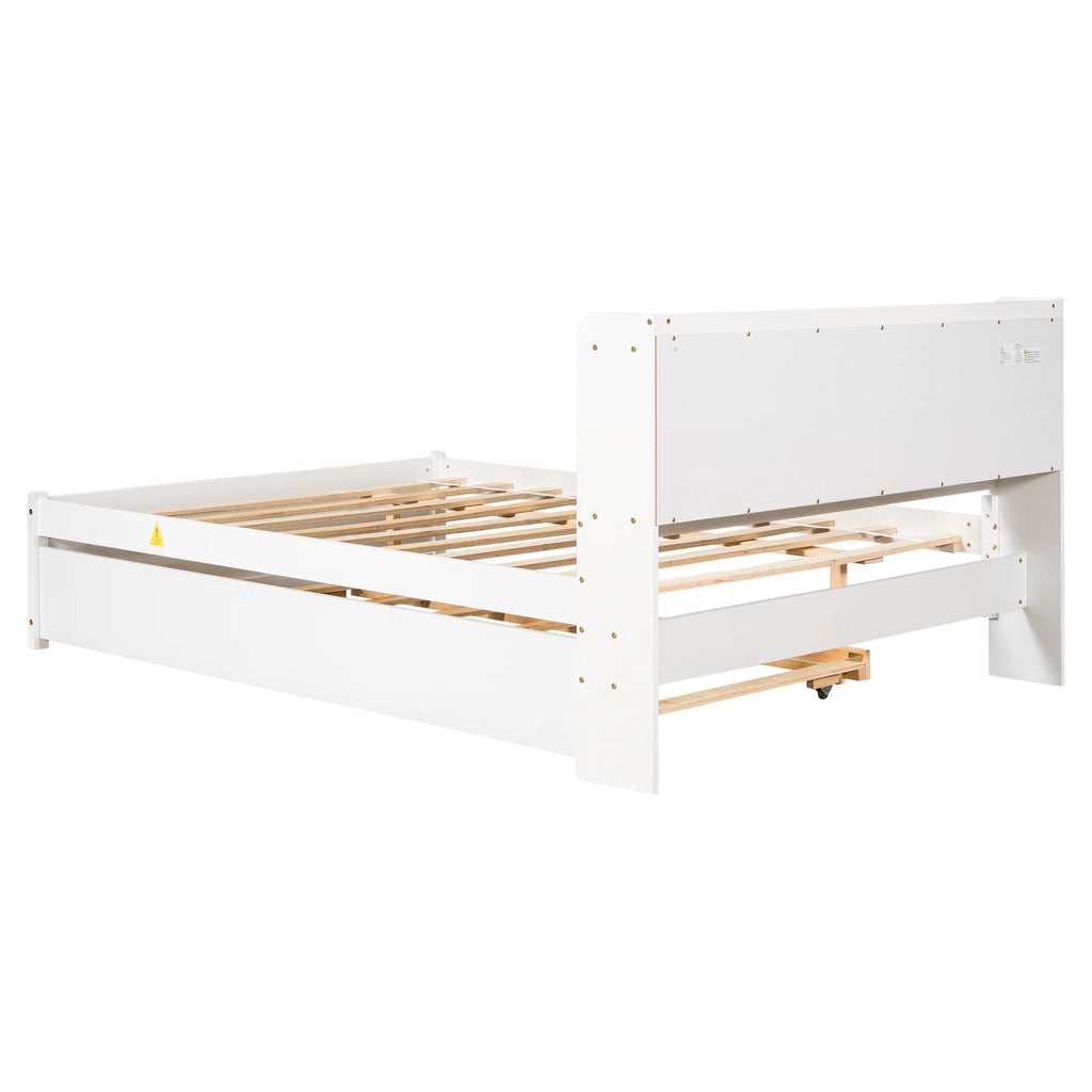 White Wood Full Size Trundle Bed with Bookcase Headboard N500171