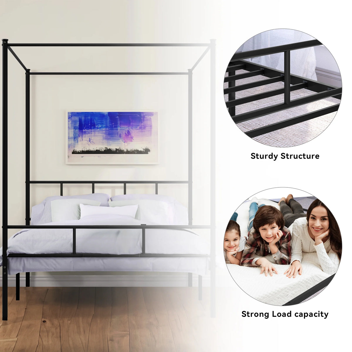 Queen Size Black Metal Canopy Bed Frame with Headboard C22538