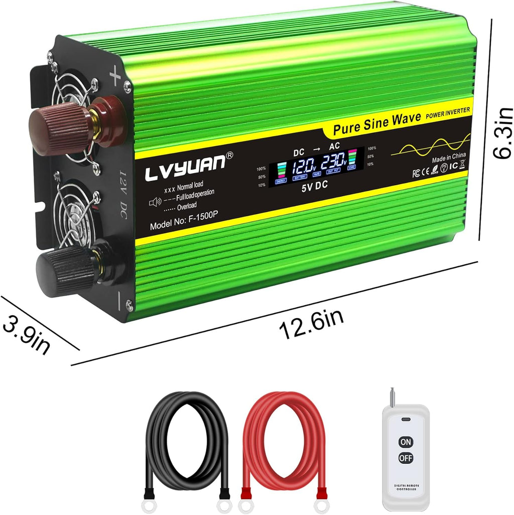 Pure Sine Wave Inverter 1600 Watts 12V to 110V with Remote Controller C835