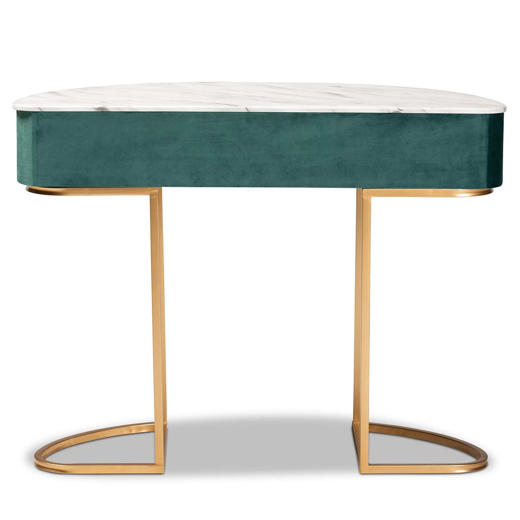 Green Velvet 1-Drawer Console Table with Faux Marble Tabletop S2217
