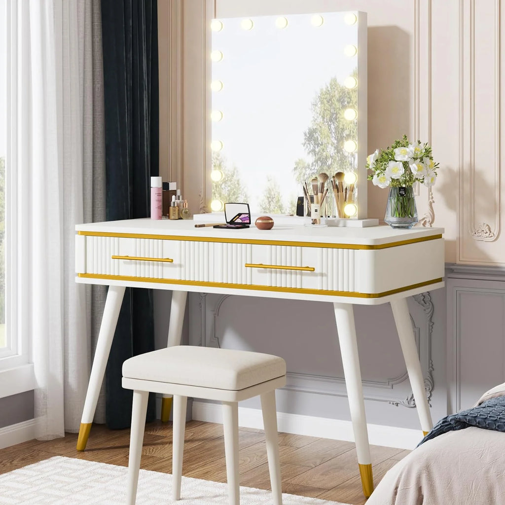 47" White Makeup Vanity Desk with 2 Drawers L91204