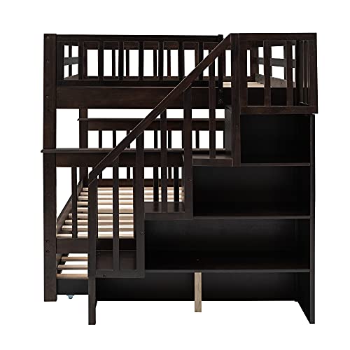 Full Over Full Wood Bunk Bed with Twin Trundle and Stairs, White N1296