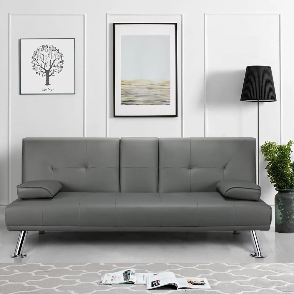 Gray Faux Leather Futon with Cupholders and Pillows J4372