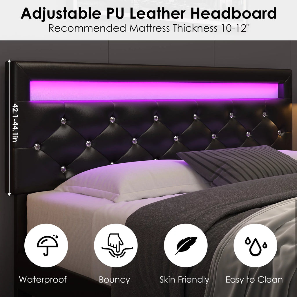 Queen Size LED Upholstered Platform Bed Frame with Adjustable Headboard E98544