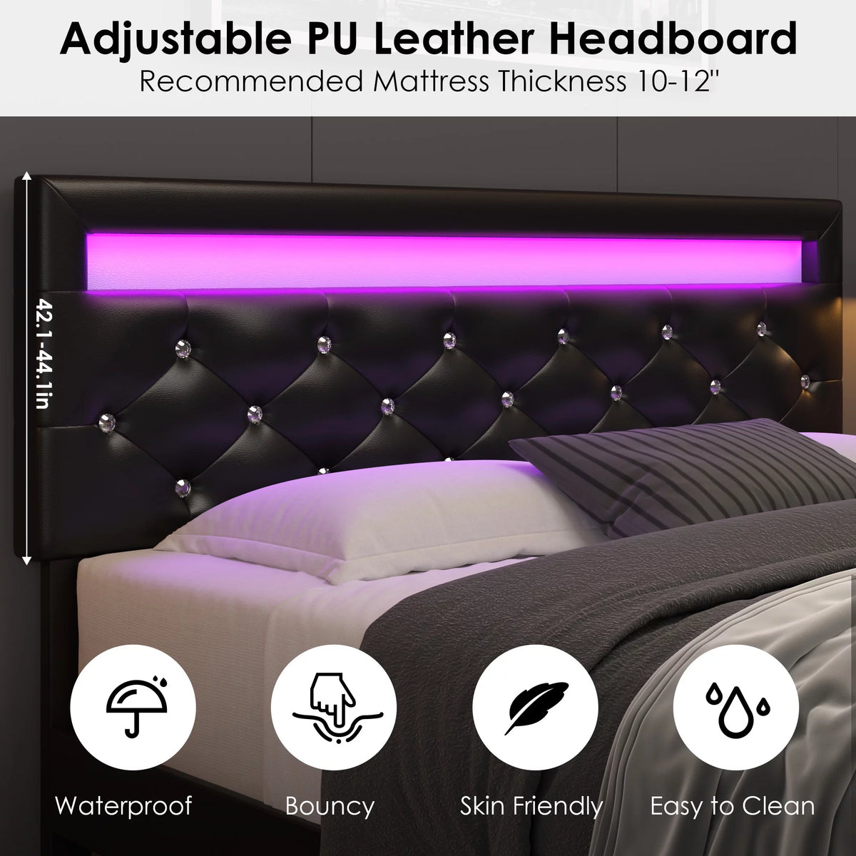 Queen Size LED Upholstered Platform Bed Frame with Adjustable Headboard E98544