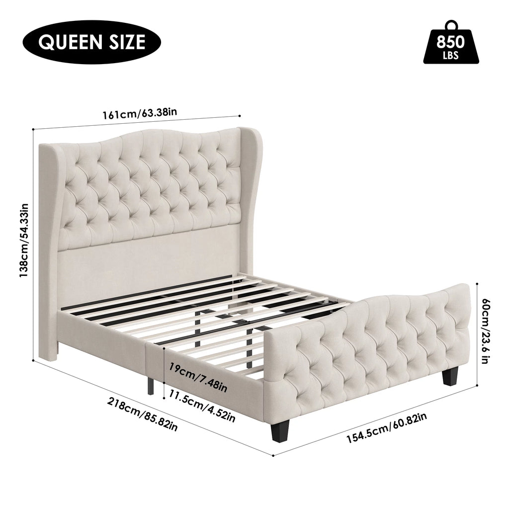 Queen Size Beige Velvet Tufted Upholstered Platform Bed Frame with Wingback Headboard F6518