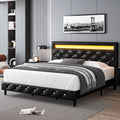 Queen Size LED Upholstered Platform Bed Frame with Adjustable Headboard E98544