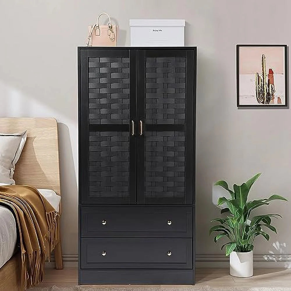 Black 2 Door 2 Drawer Wooden Armoire Wardrobe Closet with Hanging Rail X530447