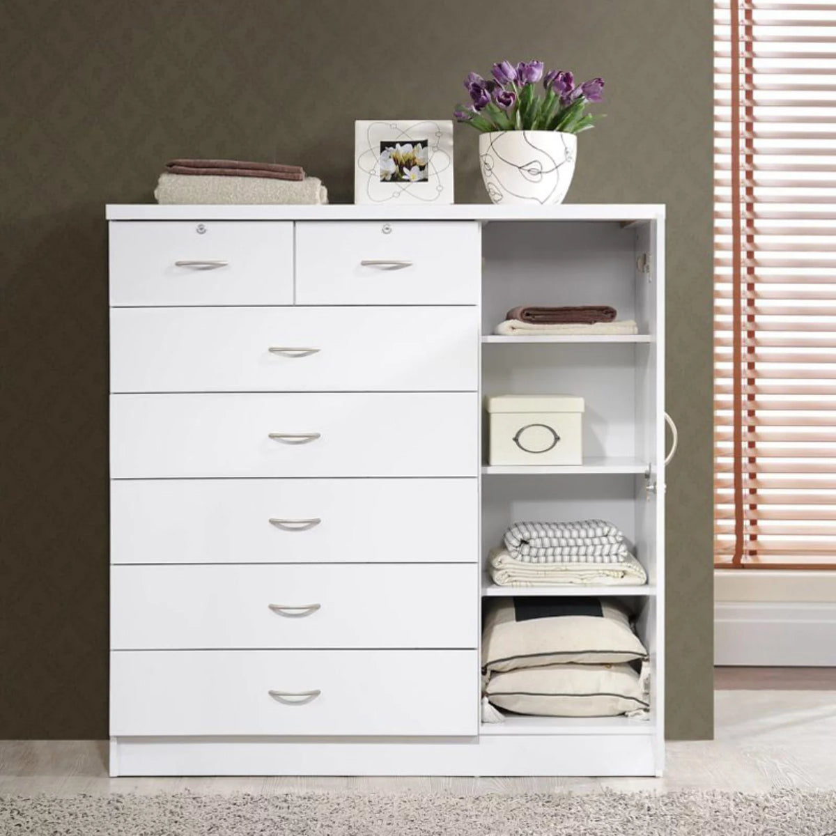 White 7 Drawer Chest with Locks and 1 Door 3 Shelves P38484