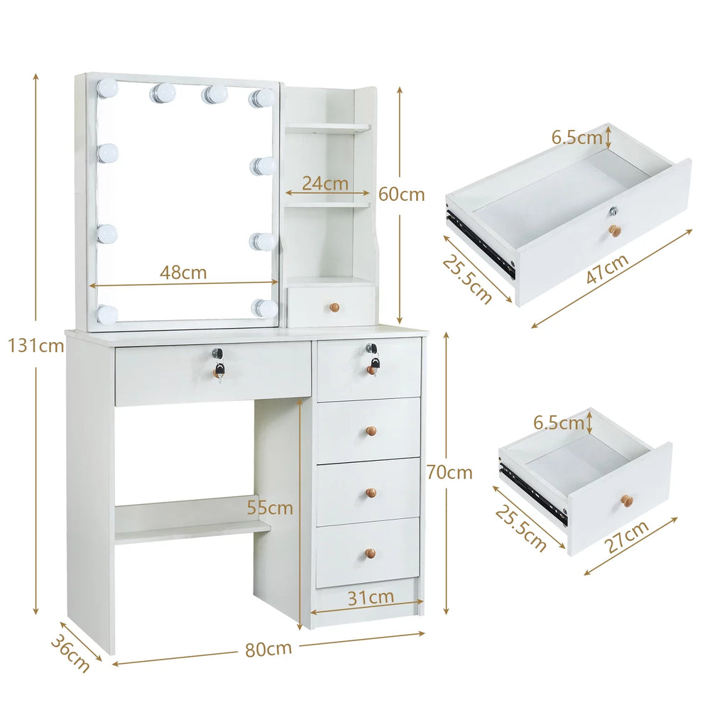 White Makeup Vanity with Sliding Mirror and Stool C6349