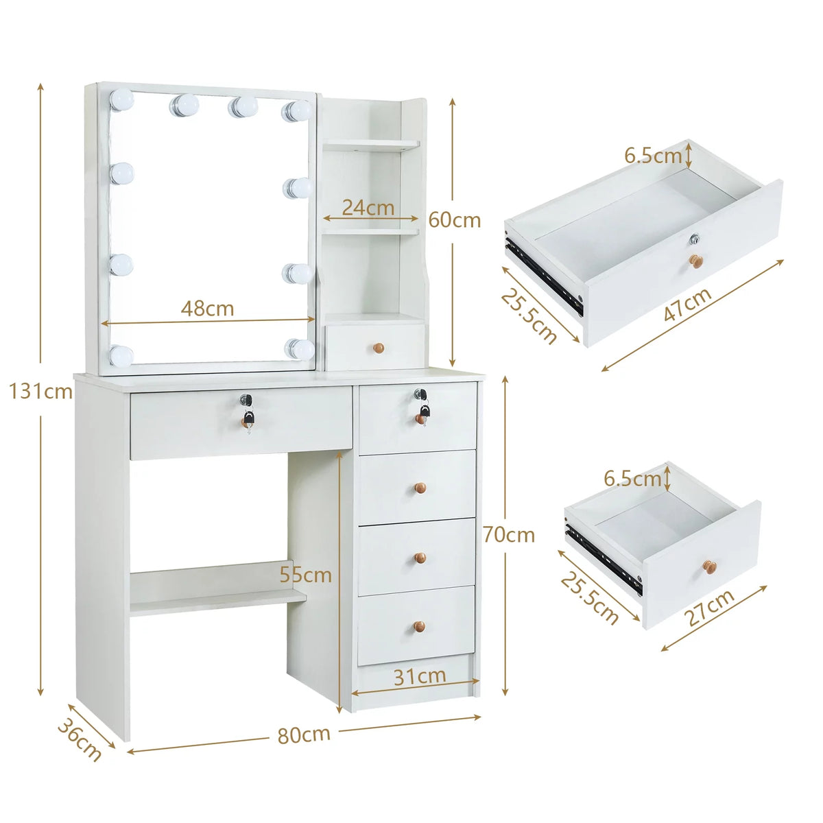 White Makeup Vanity with Sliding Mirror and Stool C6349