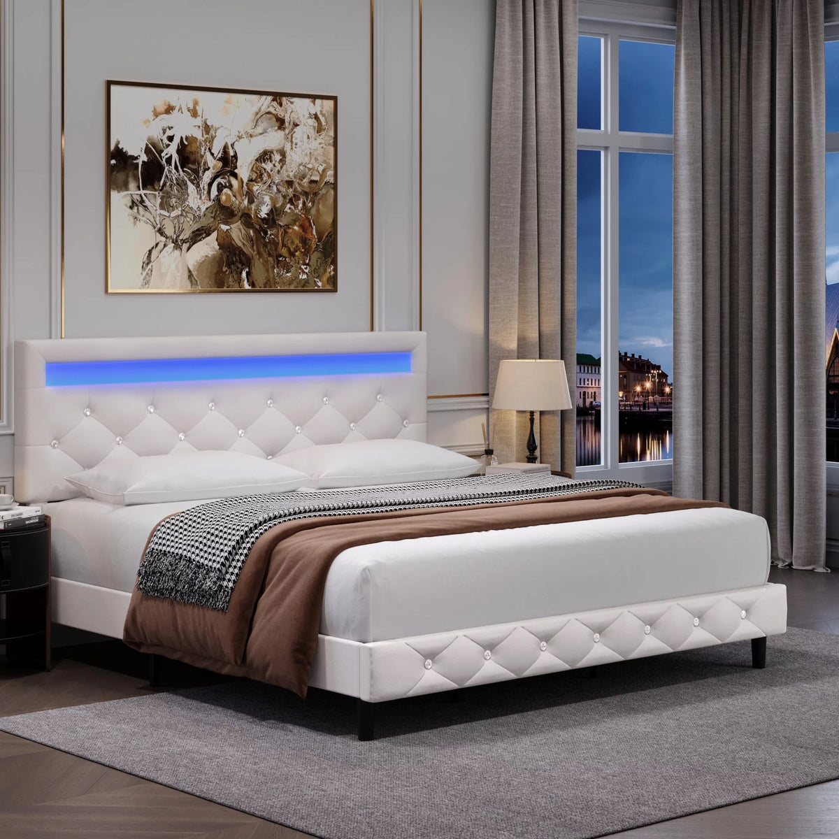 Queen Size LED Upholstered Platform Bed Frame with Adjustable Headboard E98544