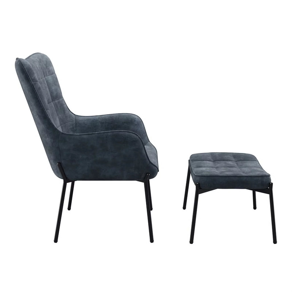 Dark Teal Blue Velvet Wingback Accent Chair with Stool W477026