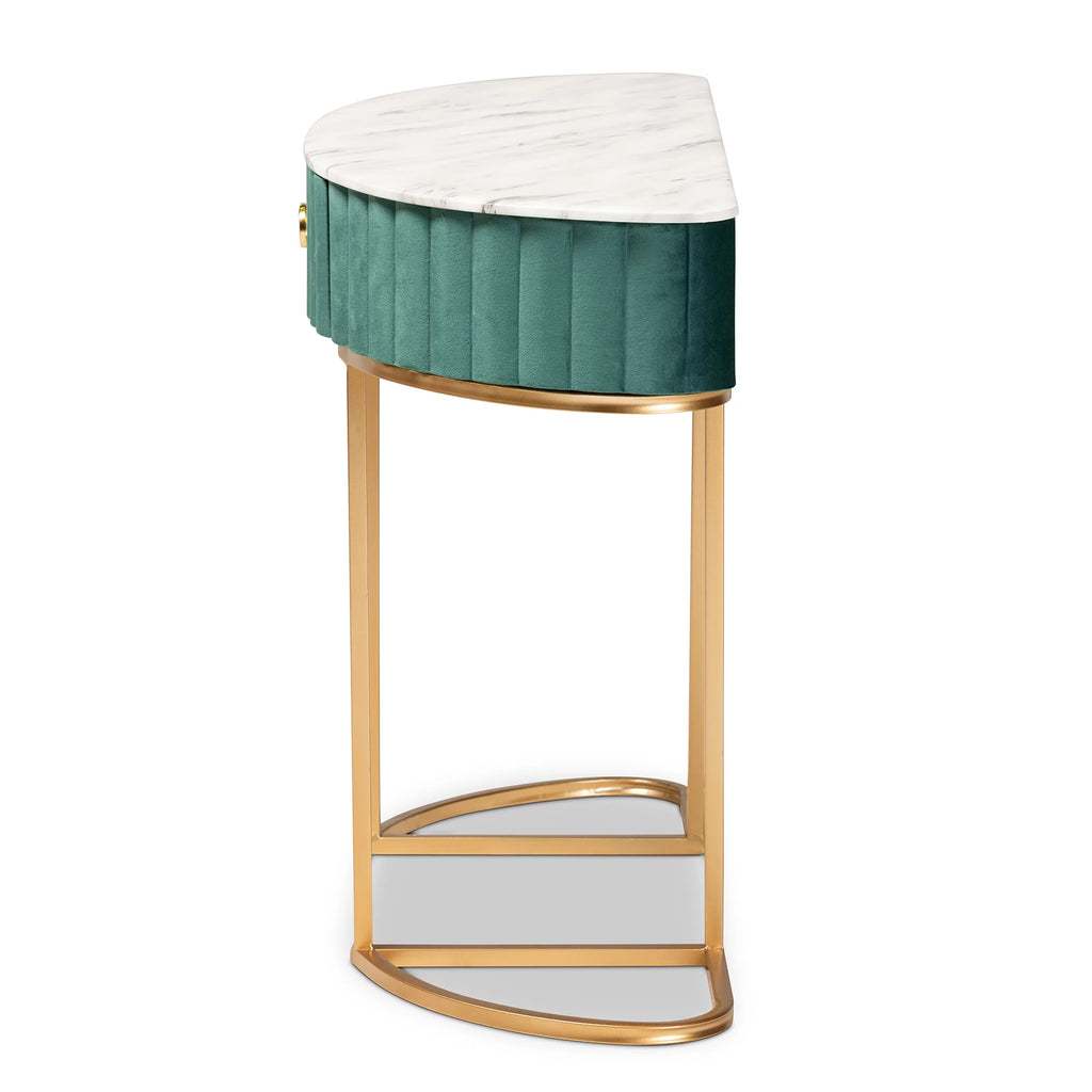 Green Velvet 1-Drawer Console Table with Faux Marble Tabletop S2217
