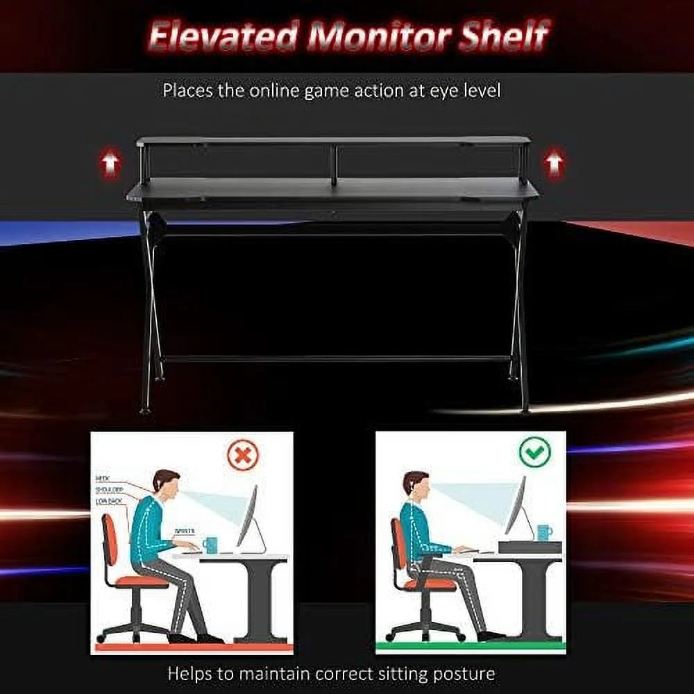 55 Inch Black Gaming Desk with Monitor Stand F5707