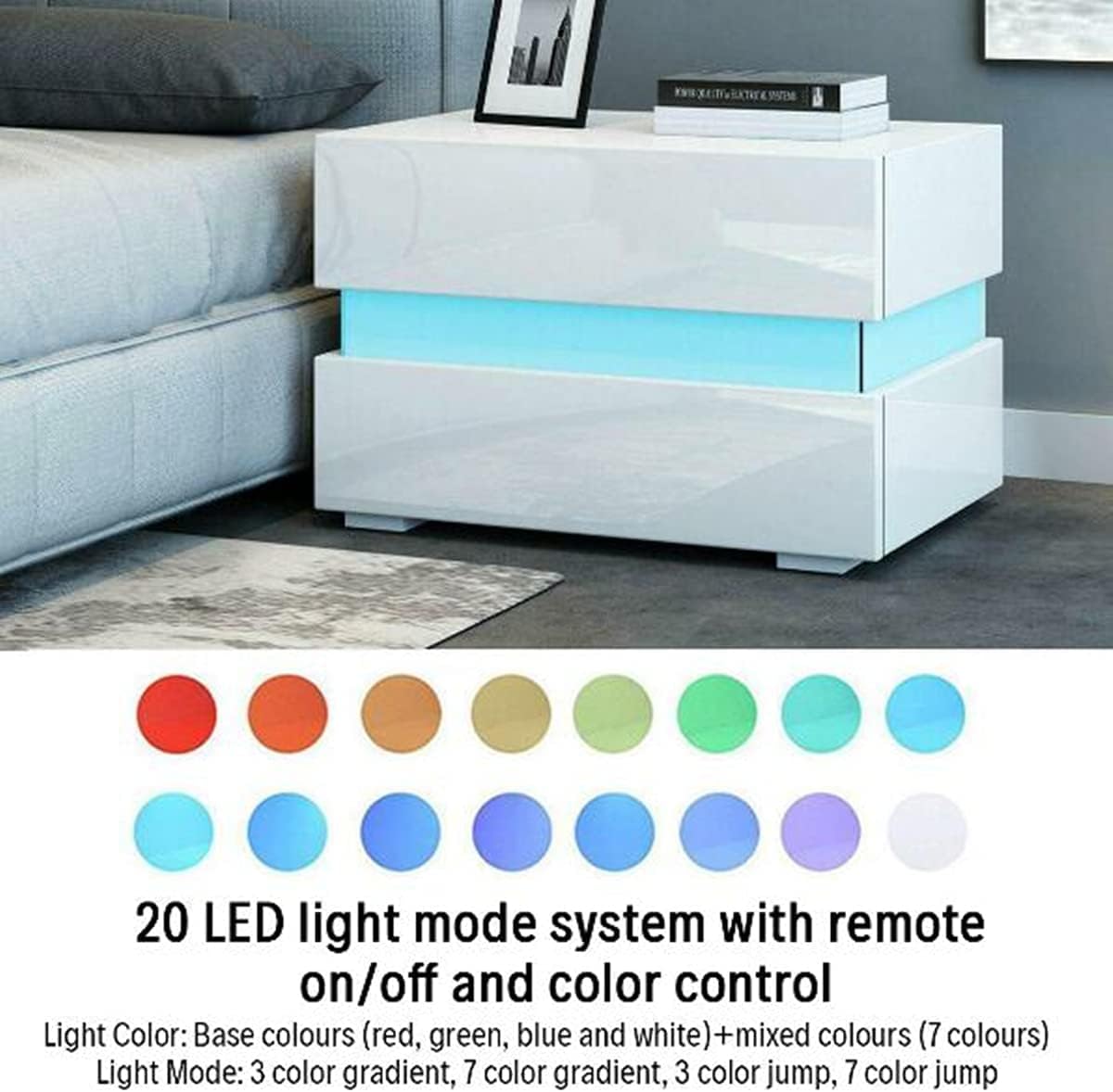 White 2 Drawer High Gloss LED Nightstand T451