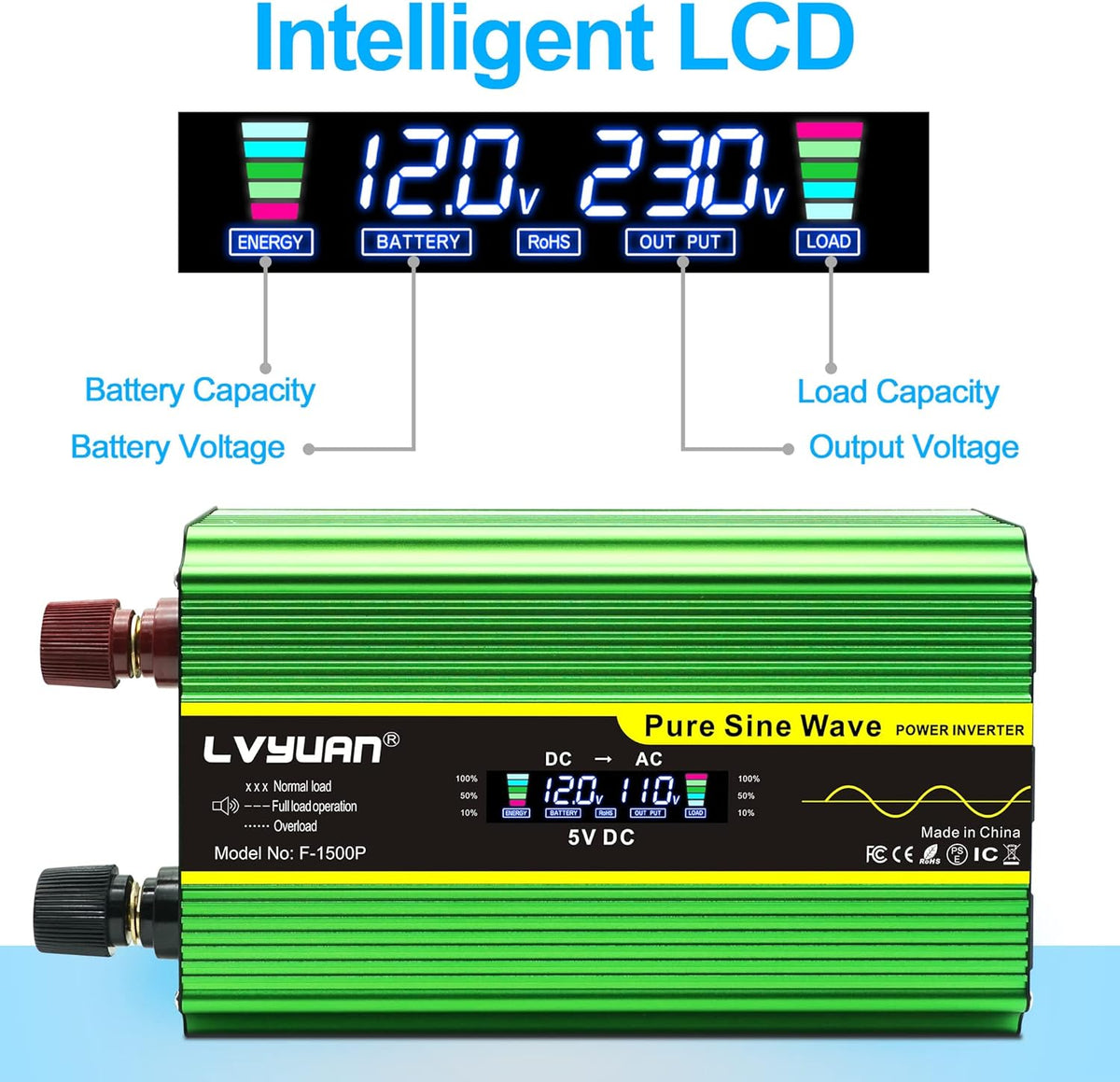 Pure Sine Wave Inverter 1600 Watts 12V to 110V with Remote Controller C835