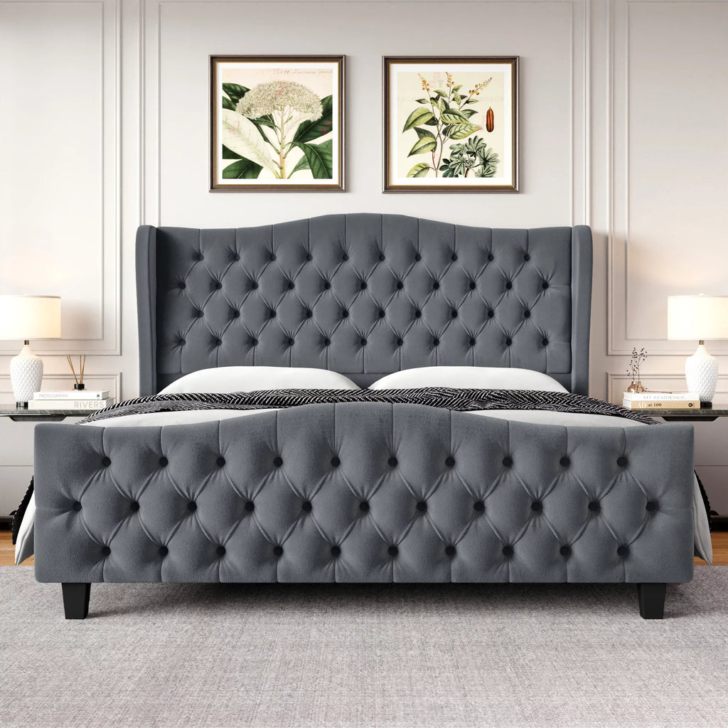 Queen Size Beige Velvet Tufted Upholstered Platform Bed Frame with Wingback Headboard N6325