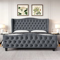 Queen Size Beige Velvet Tufted Upholstered Platform Bed Frame with Wingback Headboard N6325