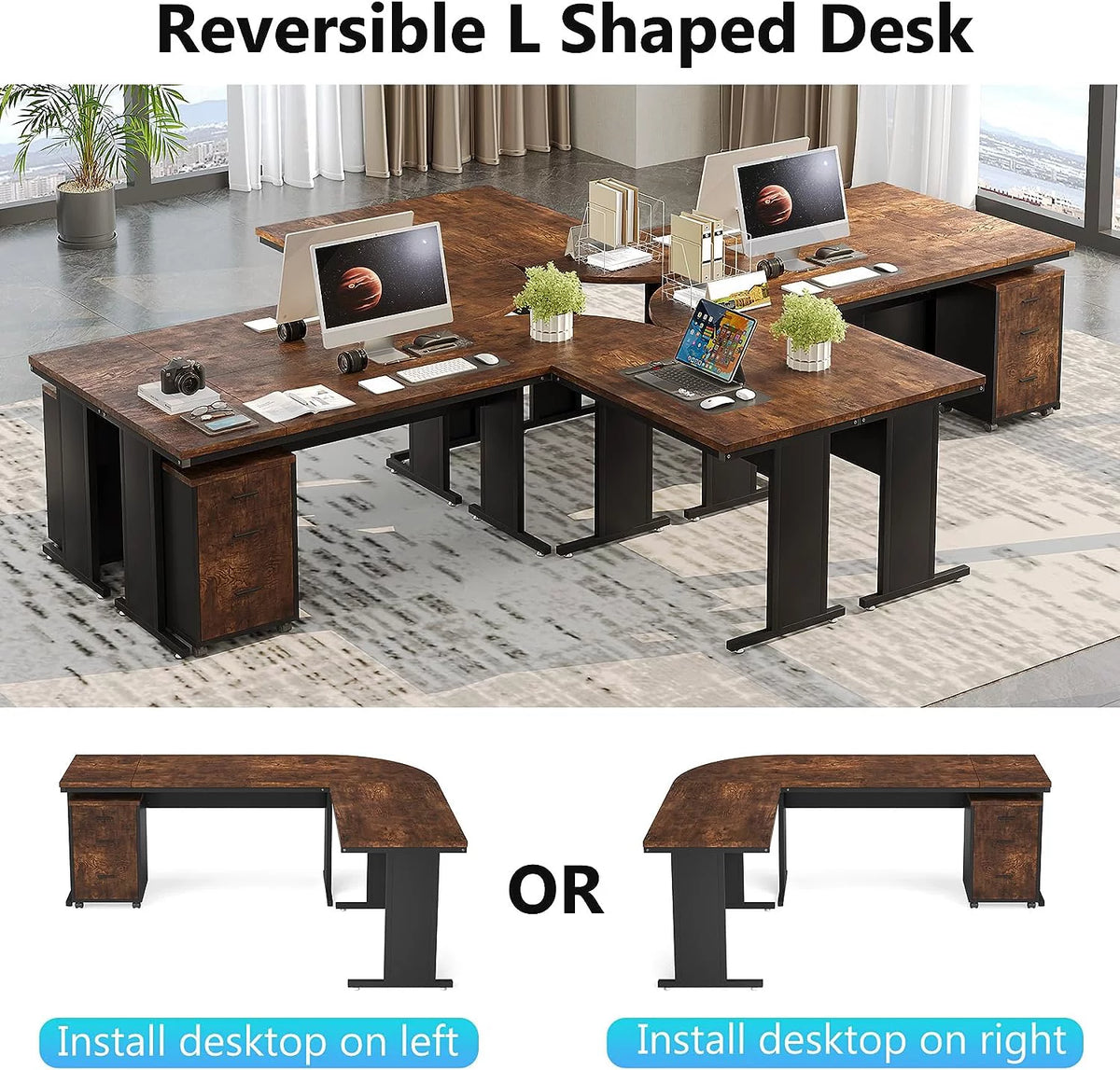 83" L-Shaped Executive Desk with 3-Drawer File Cabinet W113221