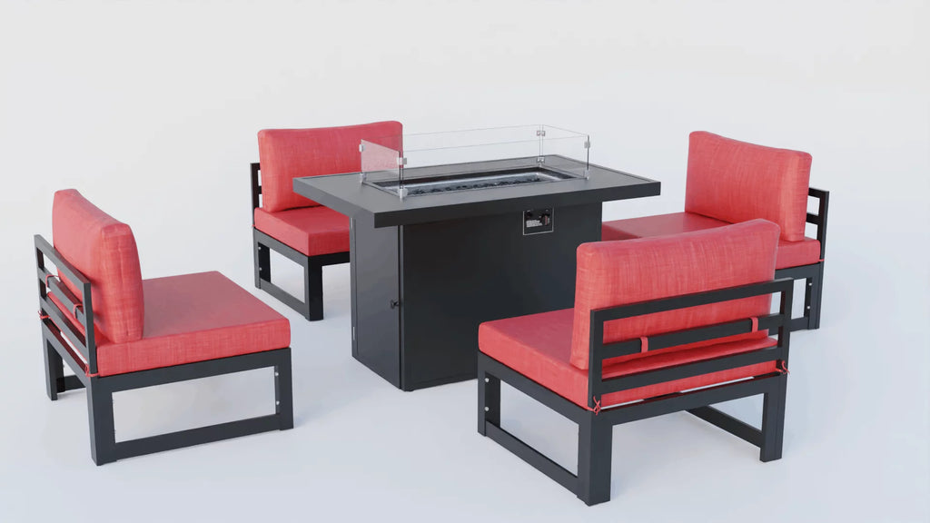 5-Piece Patio Chairs and Fire Pit Table Set Black Aluminum With Cushions L92500