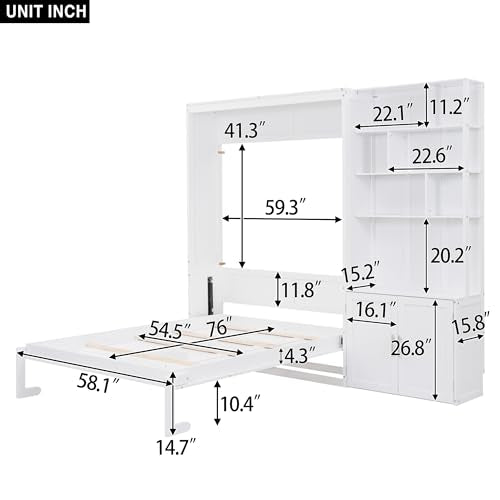White Full Size Wood Murphy Bed with Storage Shelves and Cabinet W498594