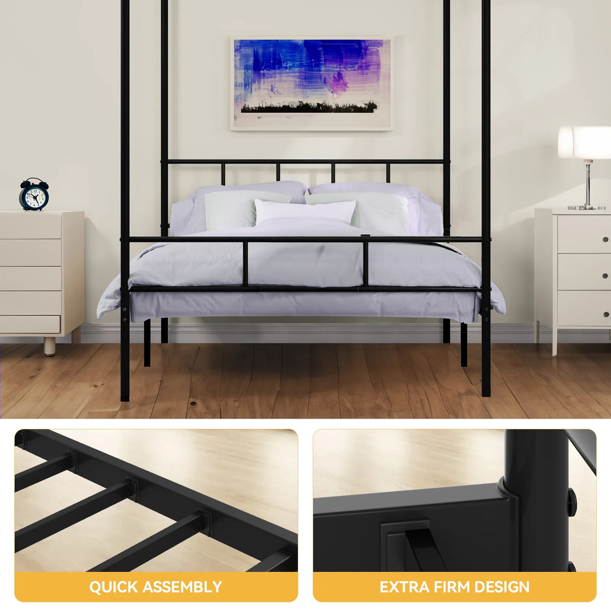 Queen Size Black Metal Canopy Bed Frame with Headboard C22538