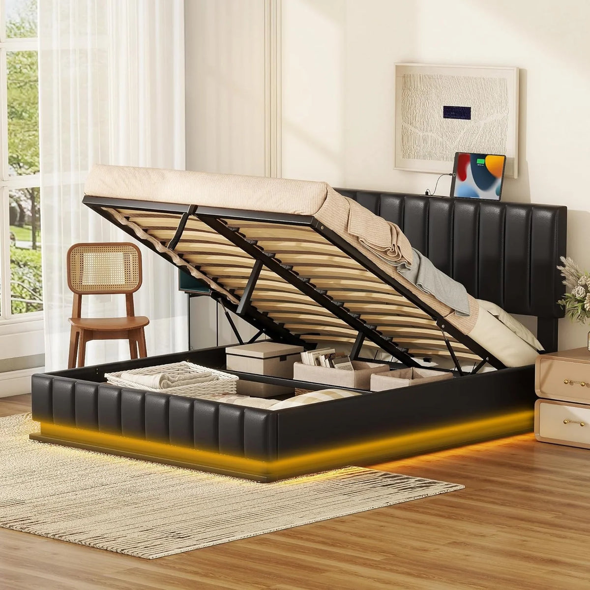 Queen Size Upholstered Platform Bed with LED Lights and USB Ports N24184