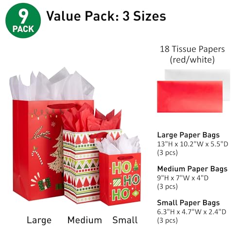 Assorted Sizes Christmas Gift Bags with Tissue Paper, 9 Pack E464620