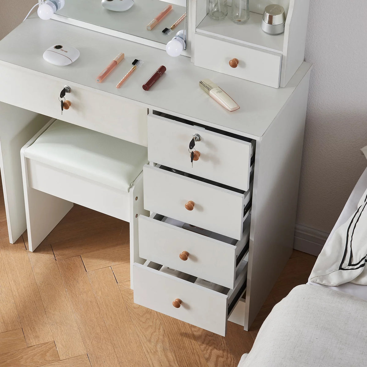 White Makeup Vanity with Sliding Mirror and Stool C6349
