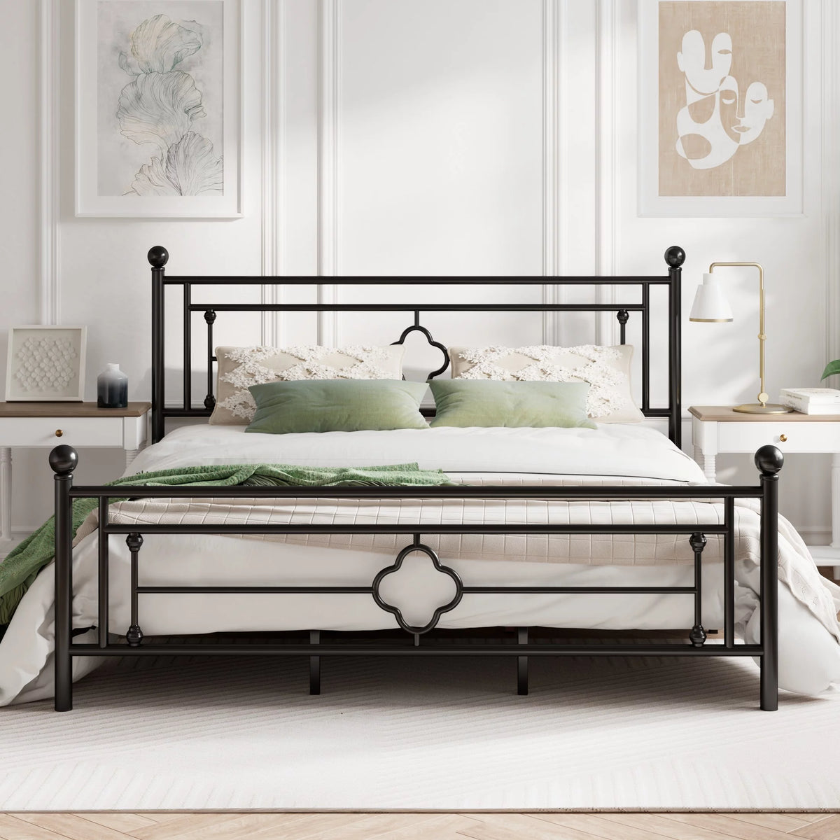 King Size Black Metal Platform Bed Frame with Cross Pattern Headboard Footboard M469921