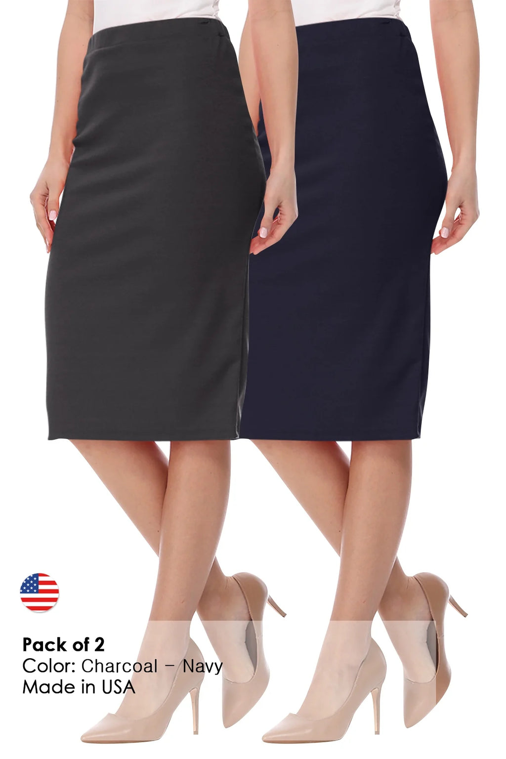 Women's High Waist Stretch Pull On Pencil Midi Skirt (Pack of 2) J96070