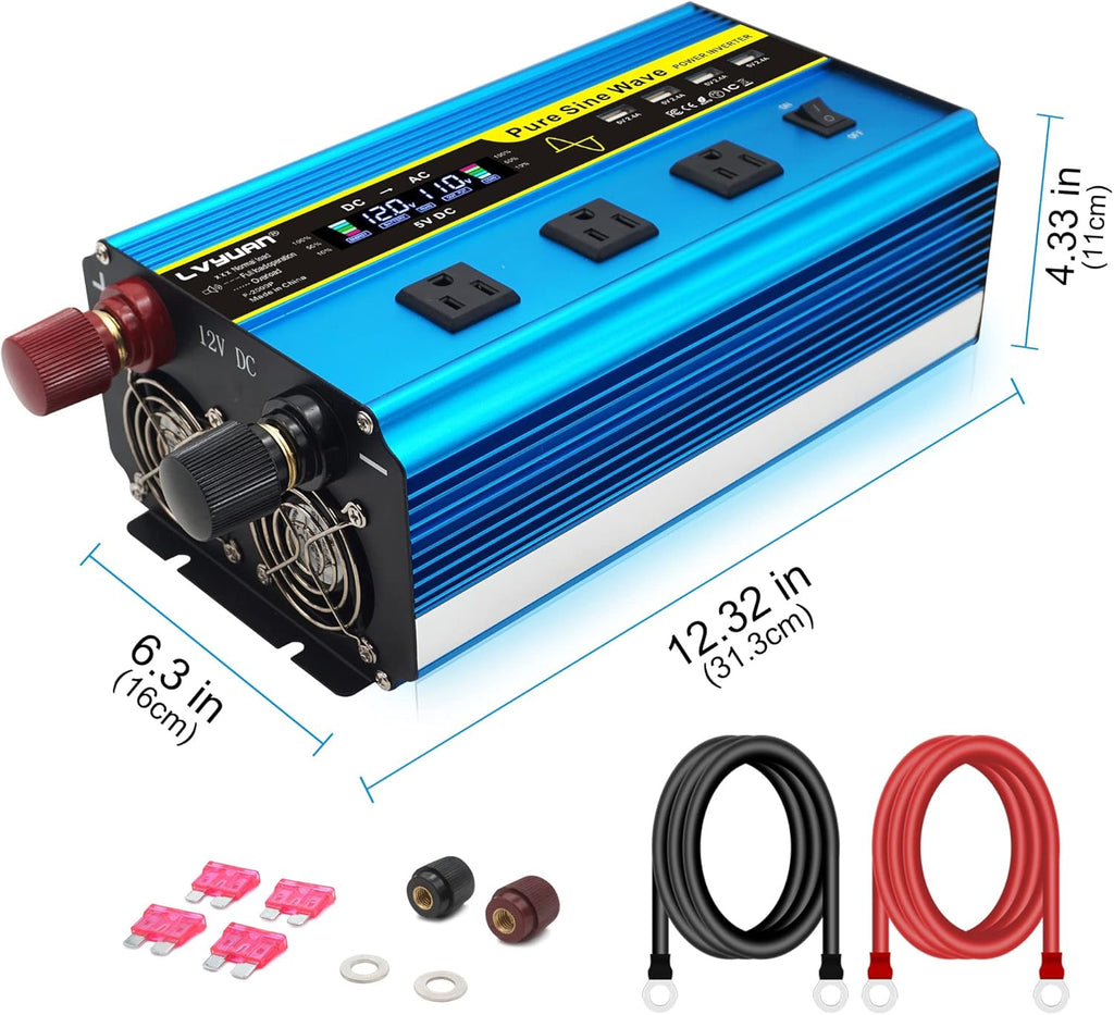 Pure Sine Wave Inverter 1600 Watts 12V to 110V with Remote Controller C835