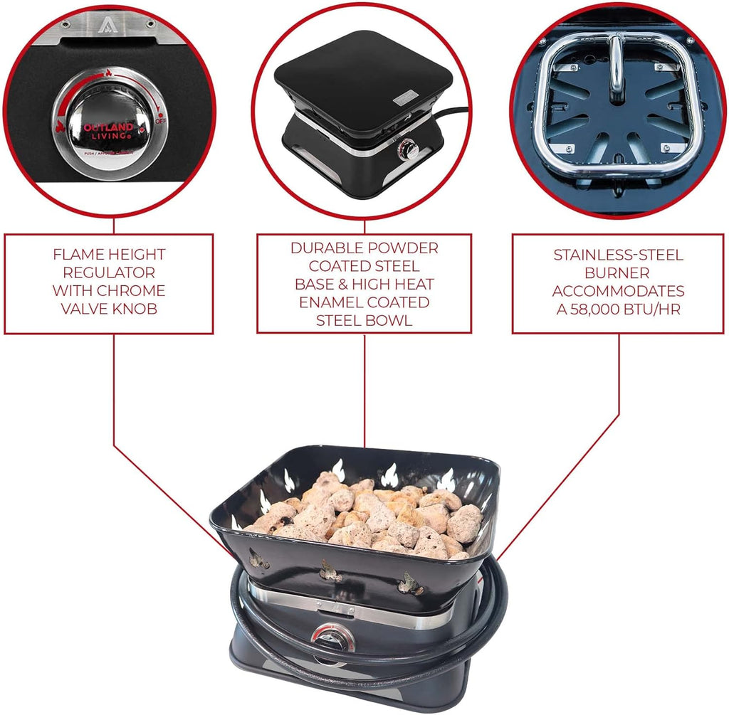 Portable 14-Inch Square Propane Gas Fire Pit with Cover and Carry Kit R19164