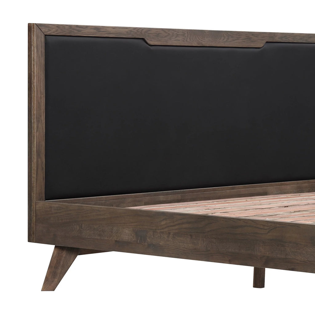 Oak Wood King Platform Bed with Faux Leather Headboard J7328